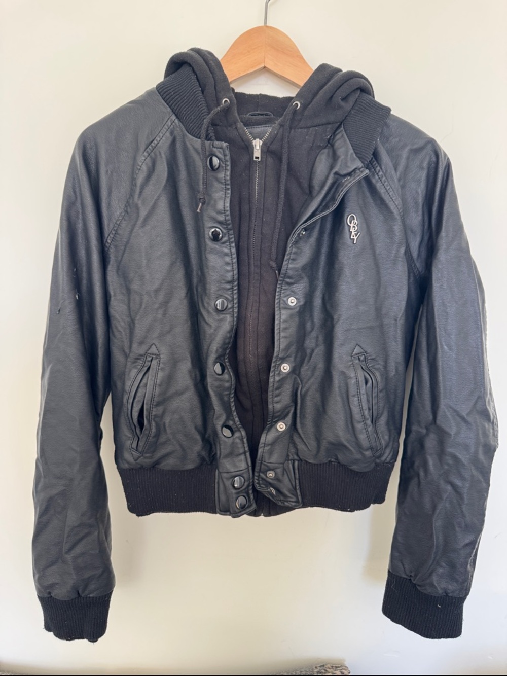 Obey Black Faux Leather Jacket with Hood